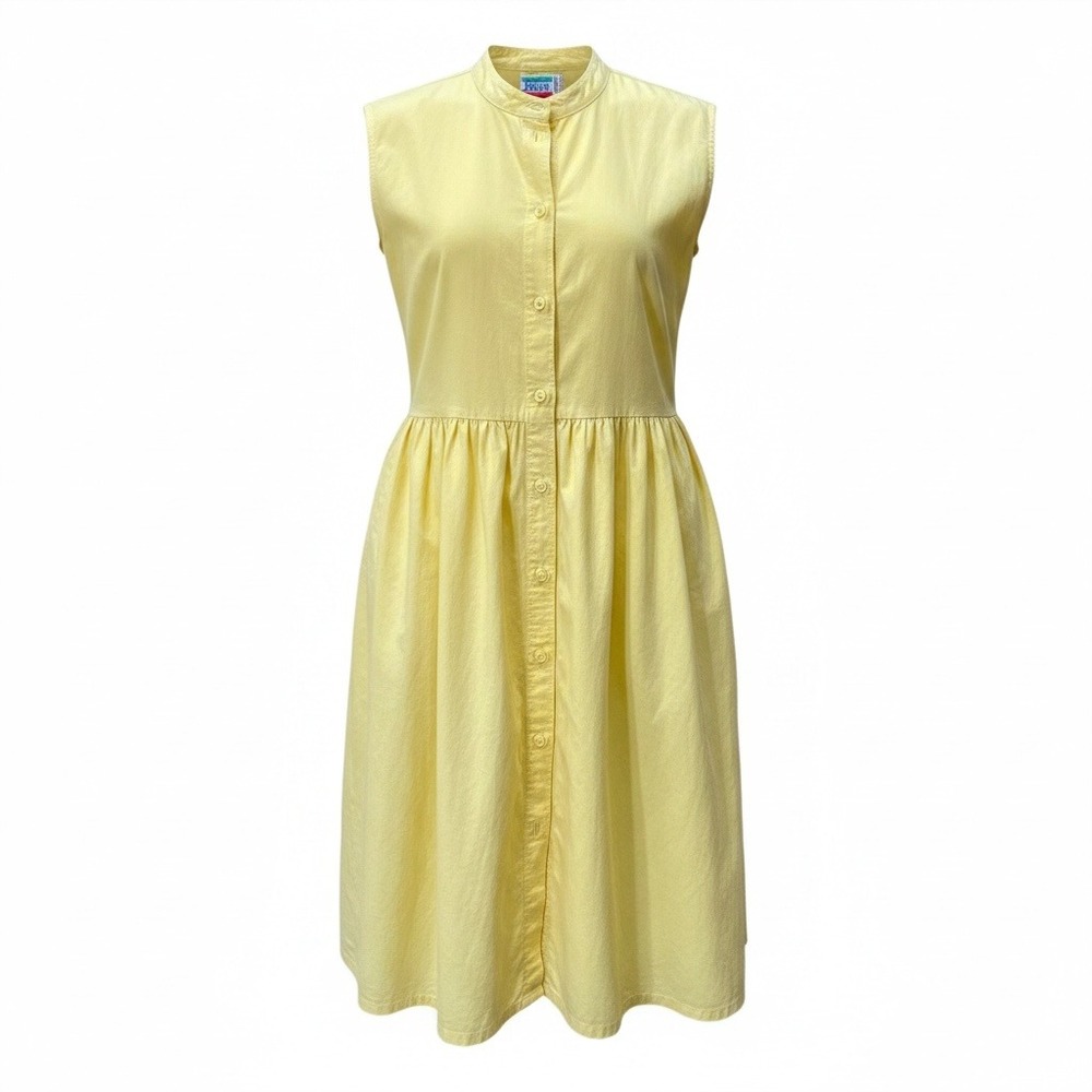 Vintage 80s Pastel Button Down Dress Womens Large Yellow Sleeveless Midi